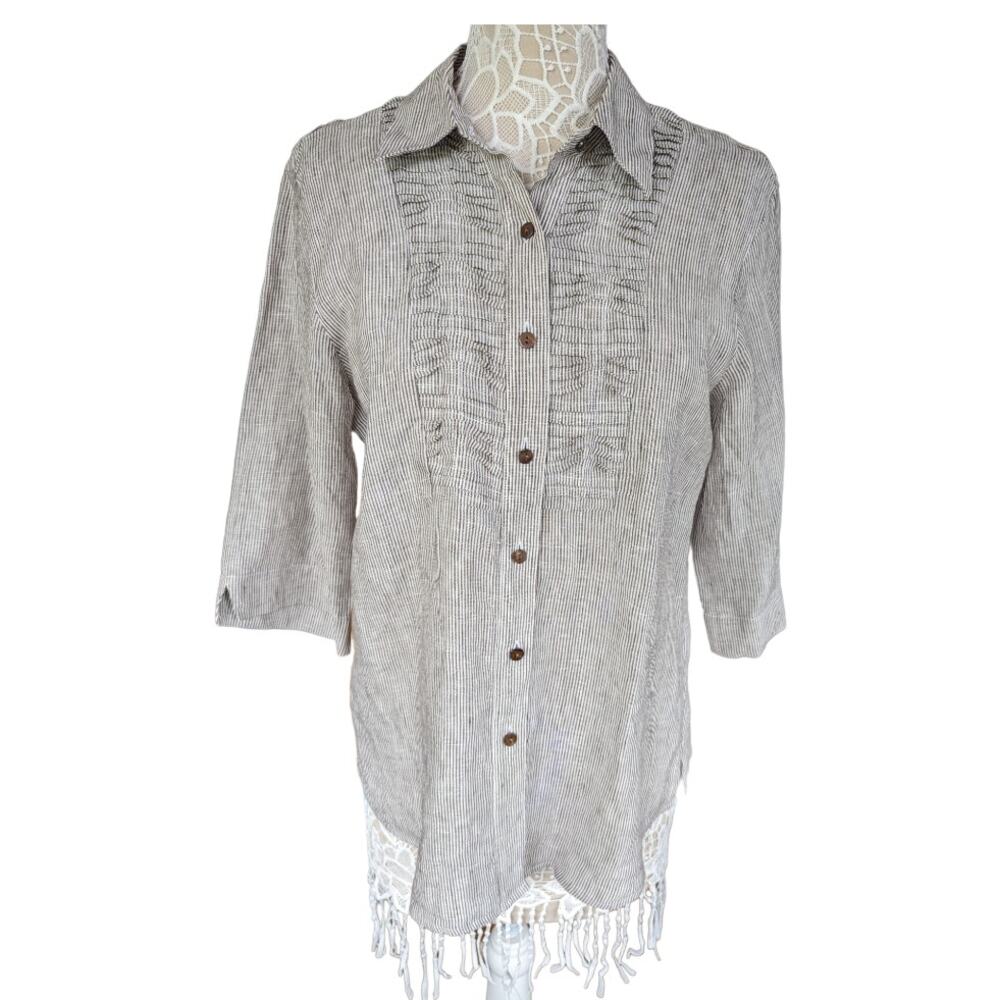 Foxcroft Shaped Fit 100% Linen Striped Button Down 14